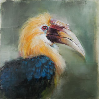 Ölgemälde eines Hornvogels in der schnellen Alla-Prima-Malweise