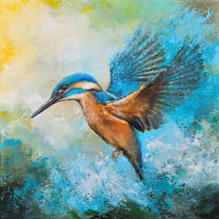 Ein Eisvogel, dargestellt in einem Ölgemälde auf Leinwand