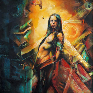 Sinnliche Aktpose, eingebettet in eine morbide Fantasy-Welt – Acryl auf Leinwand